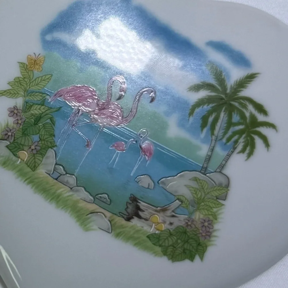 Vintage Papel Japan Flamingo Fantasy Ceramic Heart Jewelry Box Retro Home Decor